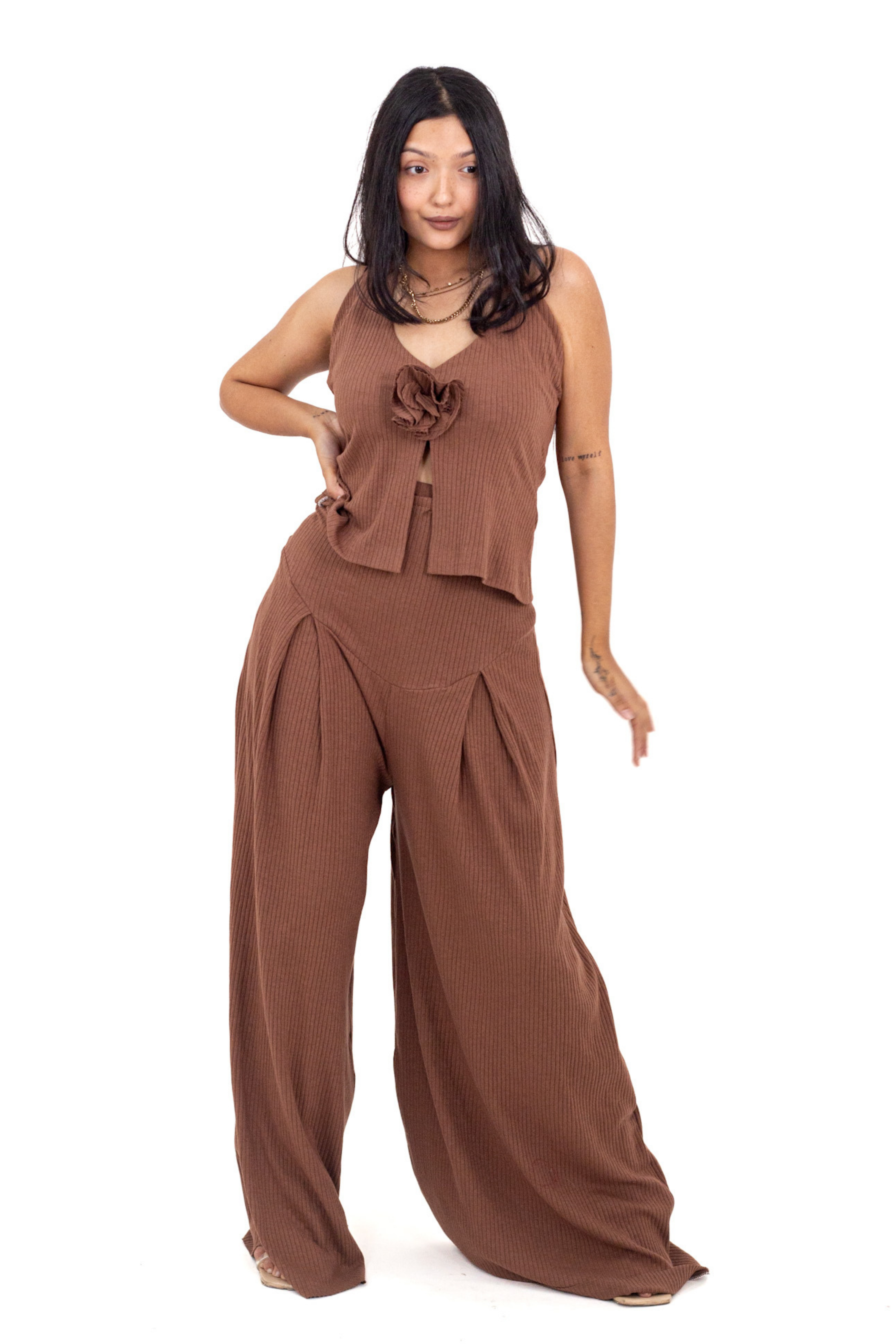 Brown Ribbed Corset Pants